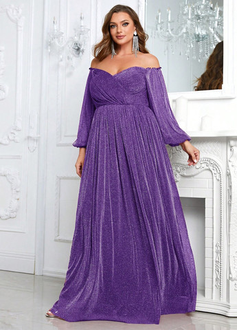 Фиолетовое вечернее, праздничный платье с открытыми плечами, с пышной юбкой SHEIN однотонное