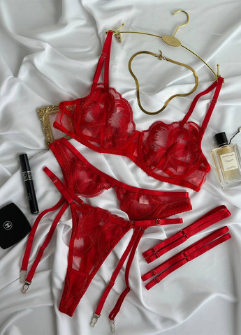 Червоний демісезонний комплект (бюстгальтер, трусики, пояс для панчох, гартери) NOVA VEGA