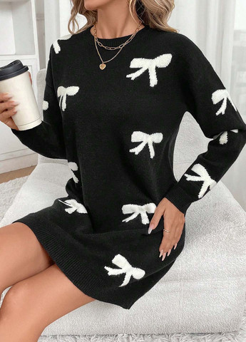 Черно-белое кэжуал платье платье-свитер SHEIN с рисунком