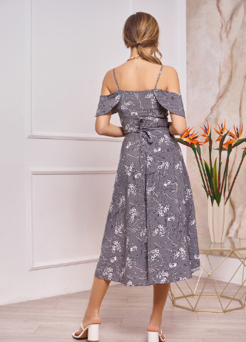 Сіра повсякденний сукня на запах ISSA PLUS з квітковим принтом