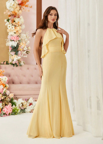 Жовтий вечірня сукня годе SHEIN однотонна