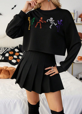 Черный свитшот SHEIN однотонный пайетки (346755944)