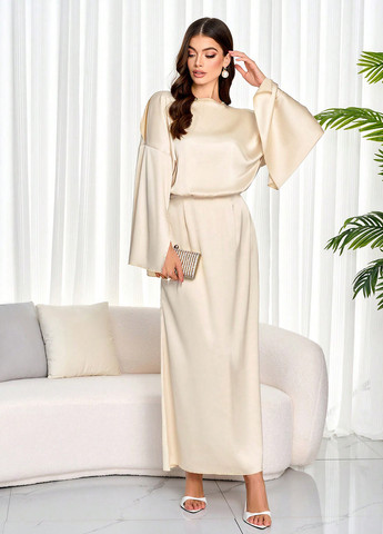 Світло-бежева вечірня сукня з відкритою спиною, з відкритими плечима SHEIN однотонна