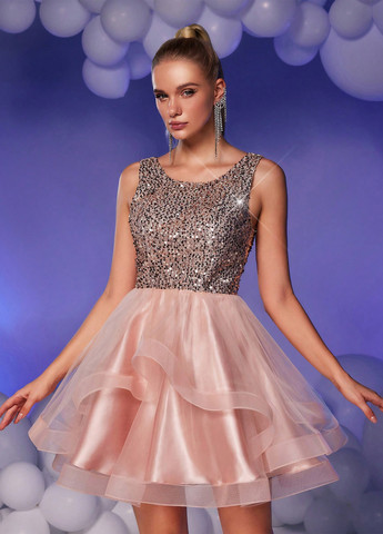 Блідо-рожева святковий, вечірня сукня кльош SHEIN однотонна