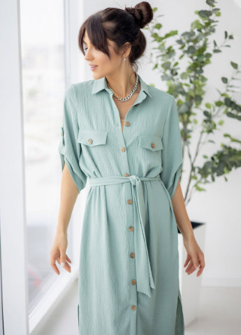 Оливковое вечернее платье рубашка ViraModa однотонное