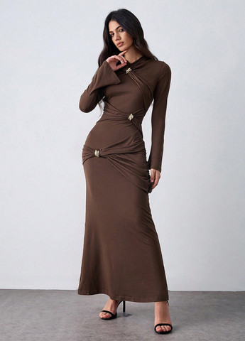 Коричневое коктейльное платье годе SHEIN однотонное