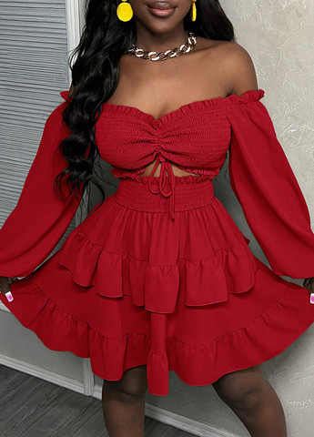 Красное кэжуал платье с открытыми плечами SHEIN однотонное