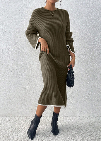 Оливковое (хаки) кэжуал платье платье-свитер SHEIN однотонное