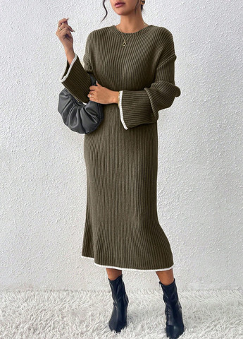 Оливковое (хаки) кэжуал платье платье-свитер SHEIN однотонное