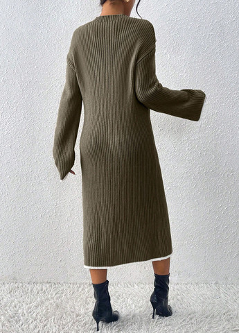 Оливковое (хаки) кэжуал платье платье-свитер SHEIN однотонное