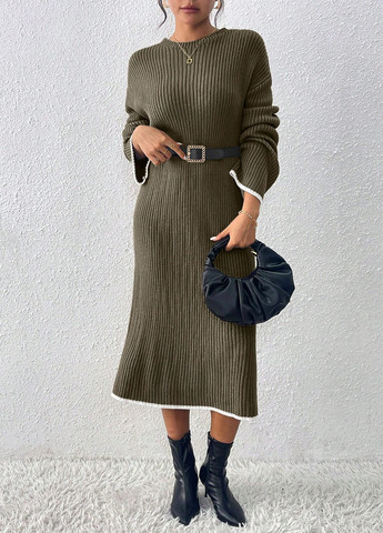 Оливковое (хаки) кэжуал платье платье-свитер SHEIN однотонное