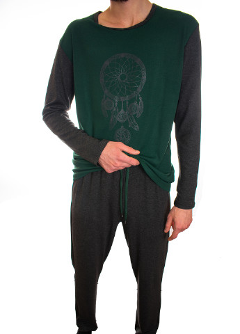Піжама Bono лонгслив + брюки малюнок темно-зелена домашня віскоза