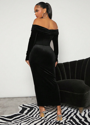 Черное вечернее платье для беременных футляр, с открытыми плечами SHEIN однотонное