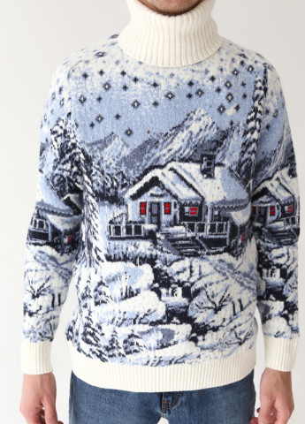Молочний зимовий светр чоловічий зимовий з будиночками молочний Pulltonic Прямая