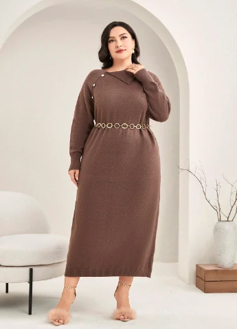 Коричневое кэжуал платье платье-свитер SHEIN однотонное