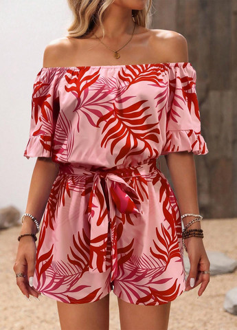 Комбинезон SHEIN комбинезон-шорты рисунок розовый праздничный, пляжный, кэжуал полиэстер