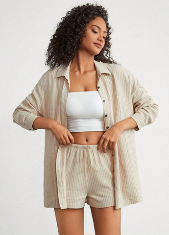 Светло-бежевый демисезонный комплект (рубашка, шорты) SHEIN