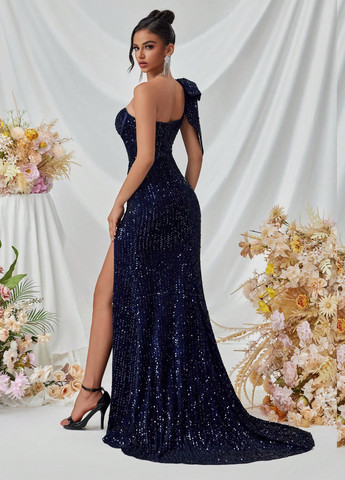 Темно-синя вечірня сукня з корсетом, на одне плече SHEIN однотонна