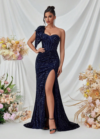 Темно-синя вечірня сукня з корсетом, на одне плече SHEIN однотонна