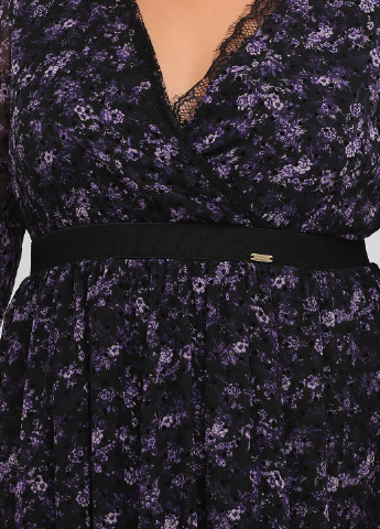 Фіолетова вечірня сукня на запах, кльош Jeanne Darc з квітковим принтом