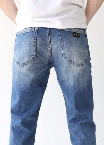Синие демисезонные джинсы мужские синие слим с потертостями Slim JEANSclub