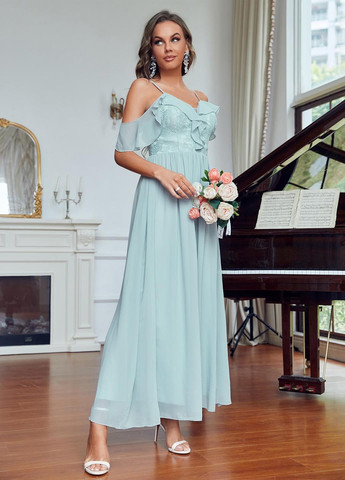 Светло-голубое вечернее, коктейльное платье клеш, с открытыми плечами, с открытой спиной SHEIN однотонное