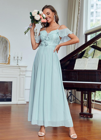 Светло-голубое вечернее, коктейльное платье клеш, с открытыми плечами, с открытой спиной SHEIN однотонное