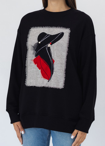 Черный свитшот Nora Kvittin однотонный вышивка, бусины, аппликация, нашивки, сеточка (301079887)