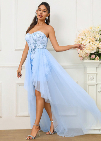 Голубое праздничный, вечернее платье с открытой спиной SHEIN однотонное