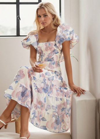 Светло-лиловое кэжуал платье с юбкой-солнце SHEIN с цветочным принтом