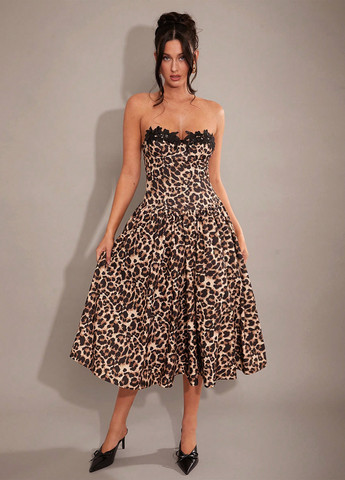 Комбінована святковий, кежуал сукня кльош, з відкритими плечима, з відкритою спиною SHEIN леопардовий