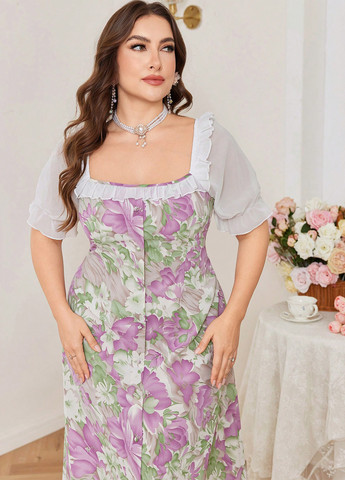 Комбинированное кэжуал платье а-силуэт SHEIN с цветочным принтом