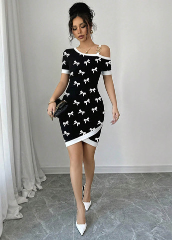 Чорно-білий вечірня, кежуал сукня силуетна SHEIN з малюнком