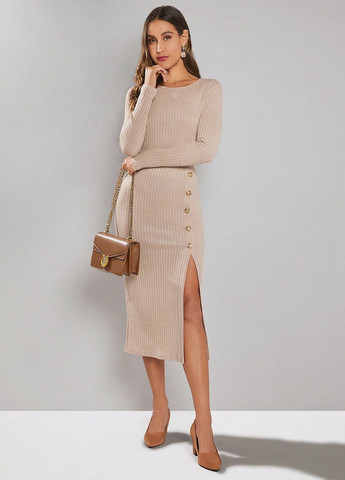 Бежевое кэжуал платье футляр SHEIN однотонное
