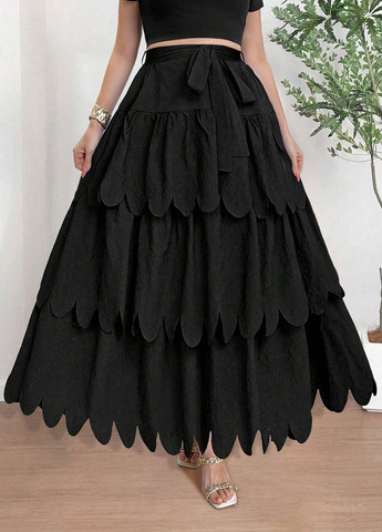 Черная кэжуал однотонная юбка SHEIN клешированная, а-силуэта (трапеция)