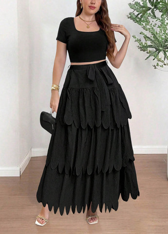 Черная кэжуал однотонная юбка SHEIN клешированная, а-силуэта (трапеция)