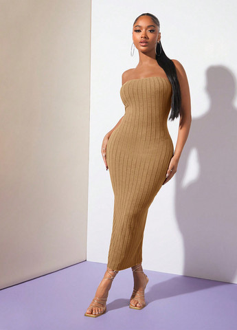Бежевое кэжуал платье с открытыми плечами SHEIN однотонное