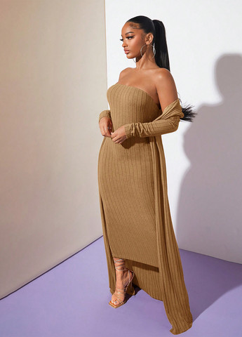 Бежевое кэжуал платье с открытыми плечами SHEIN однотонное