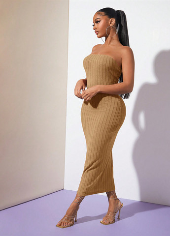 Бежевое кэжуал платье с открытыми плечами SHEIN однотонное