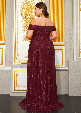 Бордова вечірня сукня з відкритими плечима SHEIN однотонна