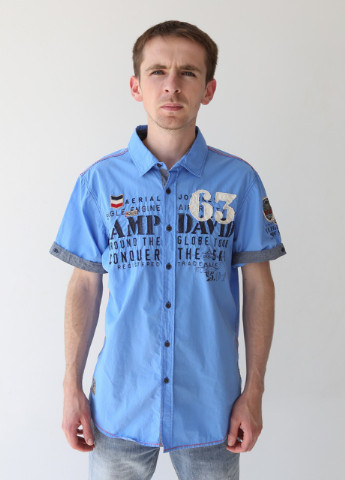 Сорочка чоловіча синя короткий рукав з написами Camp David приталенная (253597136)
