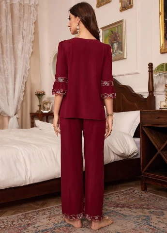 Бордовая всесезон пижама (блуза, брюки) SHEIN