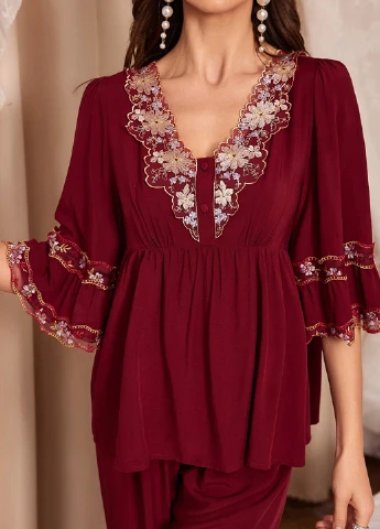 Бордовая всесезон пижама (блуза, брюки) SHEIN