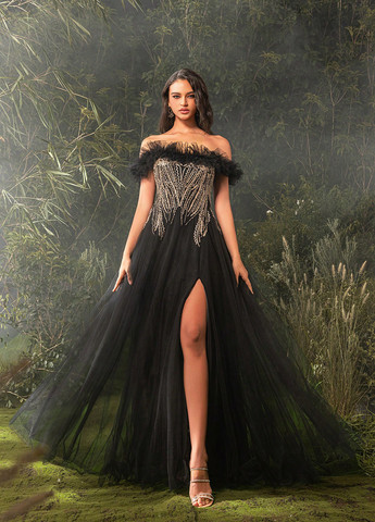 Чорна вечірня сукня пачка, з відкритими плечима SHEIN однотонна