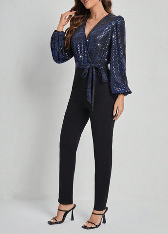 Комбинезон SHEIN однотонный синий коктейльный, вечерний полиэстер