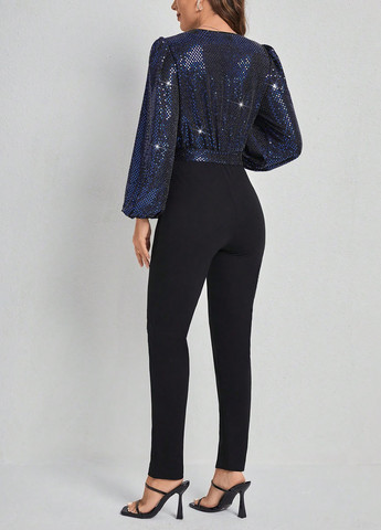 Комбинезон SHEIN однотонный синий коктейльный, вечерний полиэстер