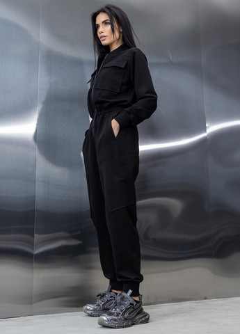 Бавовняний комбінезон з поясом та блискавкою TOTALFIT комбінезон-брюки однотонний чорний кежуал, спортивний бавовна, двунитка