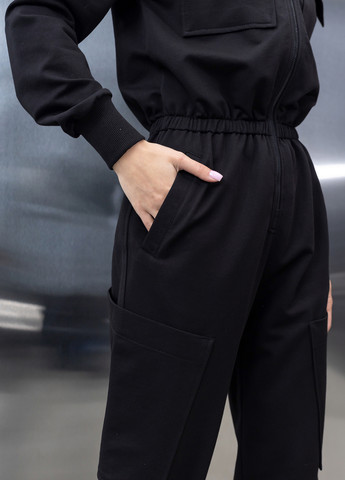 Бавовняний комбінезон з поясом та блискавкою TOTALFIT комбінезон-брюки однотонний чорний кежуал, спортивний бавовна, двунитка