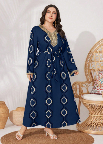 Темно-синее кэжуал платье а-силуэт SHEIN с геометрическим узором