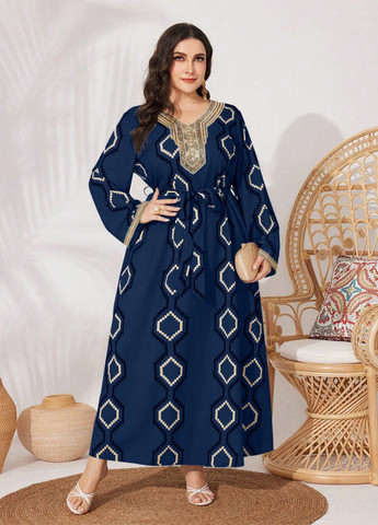 Темно-синее кэжуал платье а-силуэт SHEIN с геометрическим узором